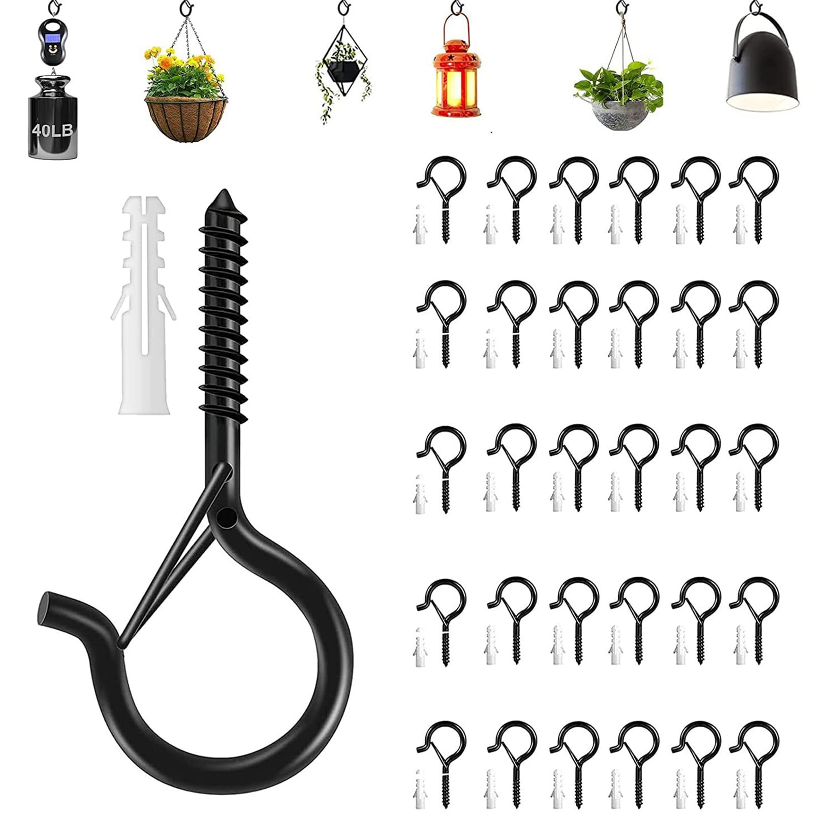 LSRVNM 30 Pack Outdoor Q-Hanger Screw in Hooks, Safety Buckle Design Cup Eye Hook, Hanging Light Ceiling Hooks Wall Mount for Hanging Christmas Lights, Plants, Fairy Lights, Wind Chimes