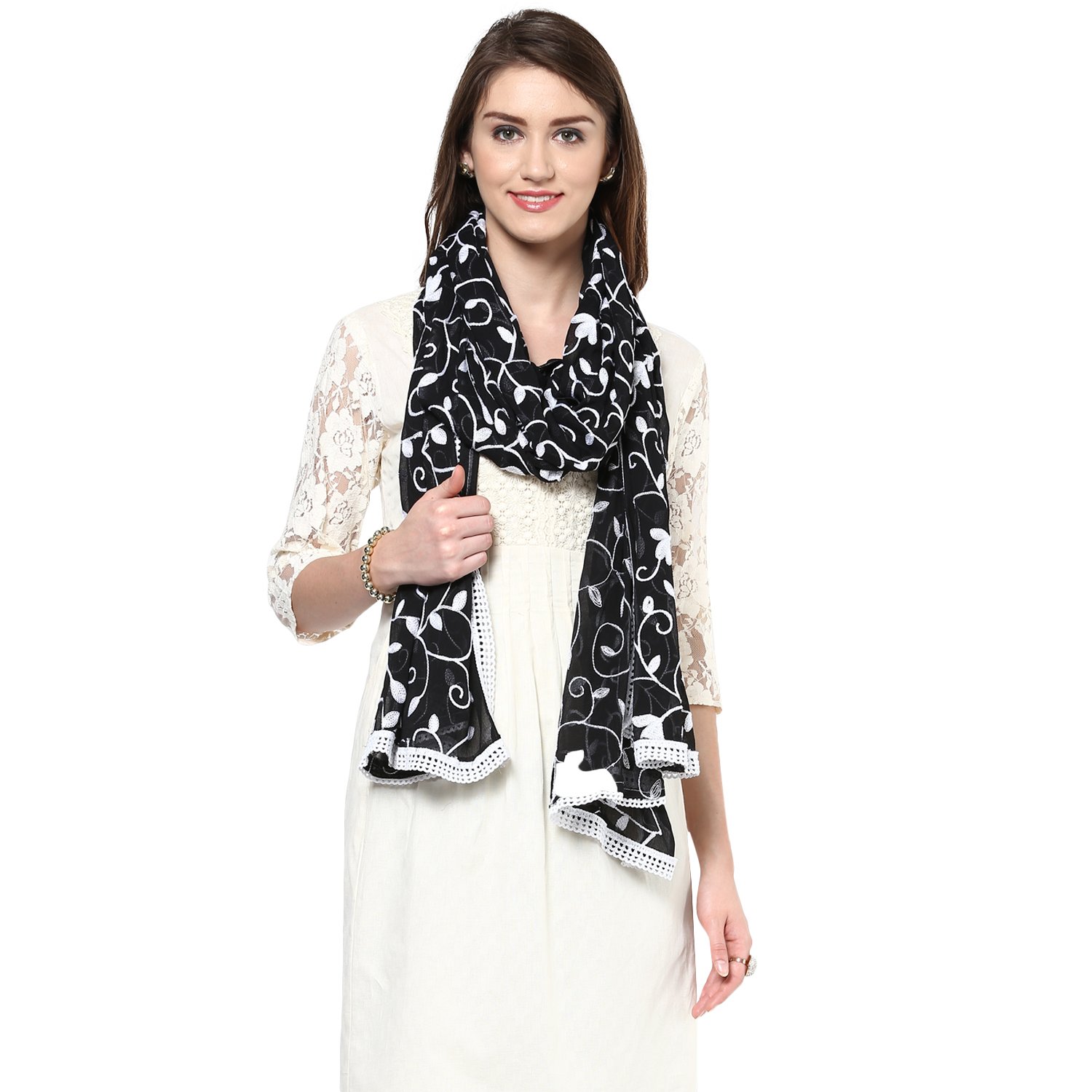 dupatta bazaar women's black n white embroidered chiffon dupatta