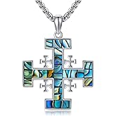 MONGAS Jerusalem Cross Necklace Sterling Silver Created Abalone Jerusalem Crucifix Cross Pendant Religious Jewelry Christian Gifts for Women