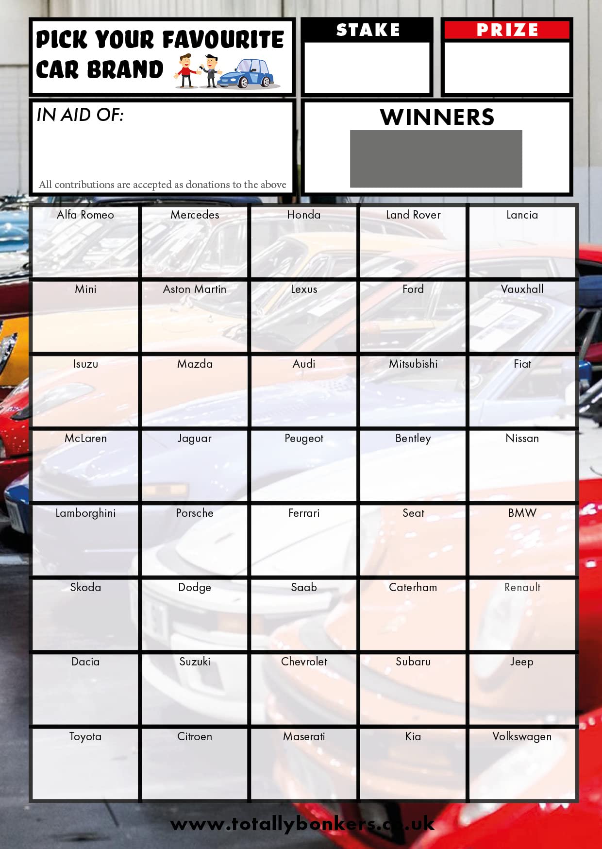 Totally Bonkers - Car Fundraising Scratch Cards - 40 SQUARE - A6 (148x105mm) -10 Pack - TB0025 - Blind Card