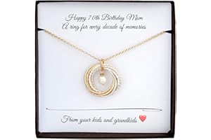 70th Birthday gift for mom and grandma, 7 Anniversary necklace, 7 Mixed metal rings, June Birthstone necklace, Gold pearl nec