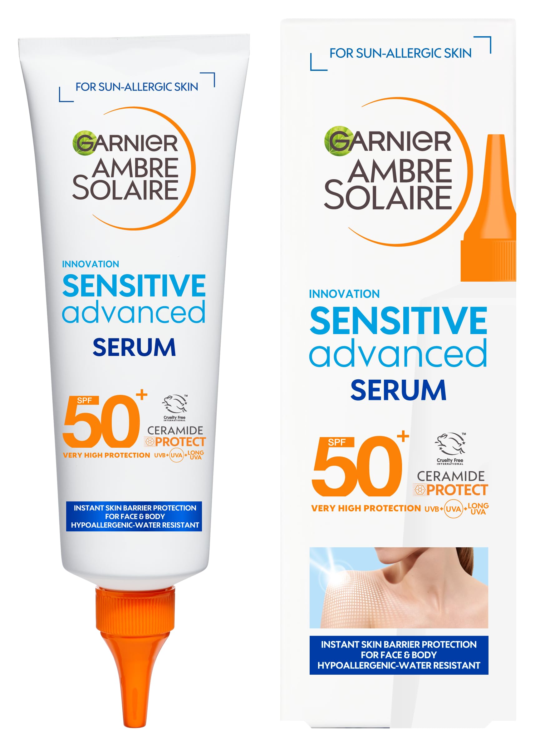 Garnier Ambre Solaire Sun Cream SPF 50+ Sensitive Advanced Serum for Face and Body, Suncreen Factor 50+, UVA & UVB Protect, Suitable for Sensitive Skin, with Ceramide, Water Resistant, 125ml