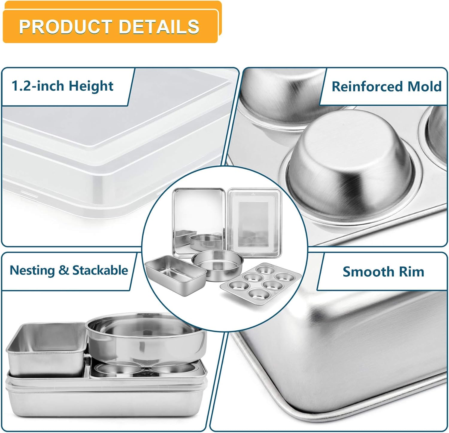 6-Piece Bakeware Kitchen Set, P&P CHEF Stainless Steel Bakeware Pans Sets, Including Baking Pan/Round Cake Pan/Muffin Pan/Loaf Pan/Deep Lasagna Pan & Lid, Non-toxic & Durable, Dishwasher Safe: Kitchen & Dining