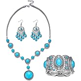 RINHOO FRIENDSHIP Bohemian Western Turquoise Jewelry Set for Women - 3 PCS Vintage Necklace Earrings Bracelet (Assorted Colors & Shapes) Cowgirl Country Concert Accessories Gift