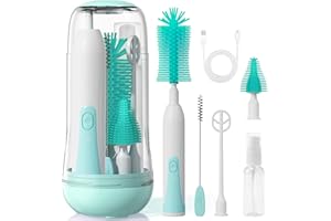 Duoffanny Electric Bottle Brush Cleaner, Baby Bottle Cleaning Kit with Nipple Straw Brushes Drying Rack ​​Soap Dispenser Rechargable Waterproof Multi-Purpose E-Brush Set for Travel & Home, Green