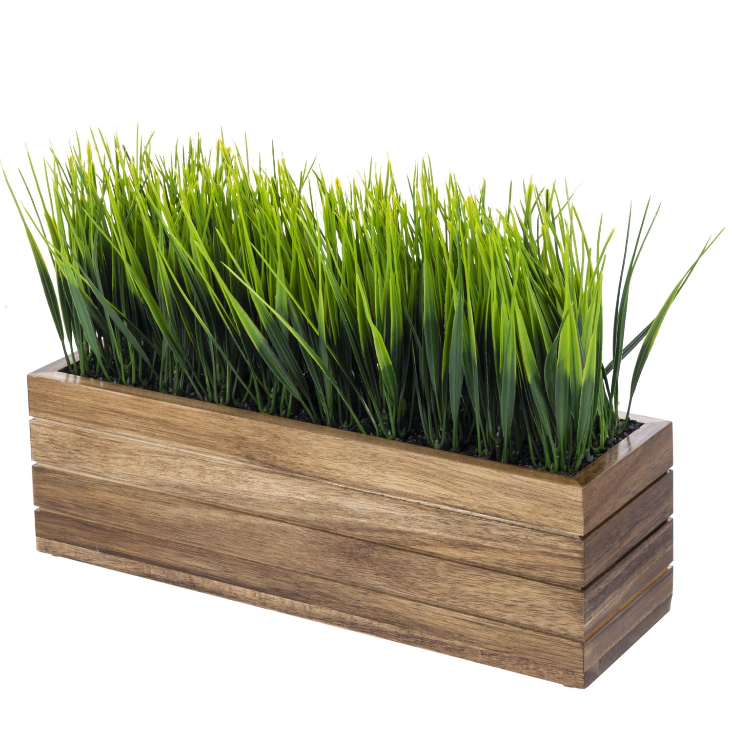 Photo 1 of MyGift 14 Inch Artificial Green Grass Plant in Solid Acacia Wood Planter Window Box, Faux Greenery in Decorative Rectangular Crate Style Wooden Container