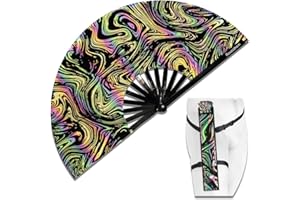 Raveahem Lridescent Holographic Large Rave Bamboo Folding Clack Hand Fan With Holster for Men/Women Handheld Fan for EDM,Music Festival,Club,Freaky,Party,Dance,Performance,Decoration,Gift