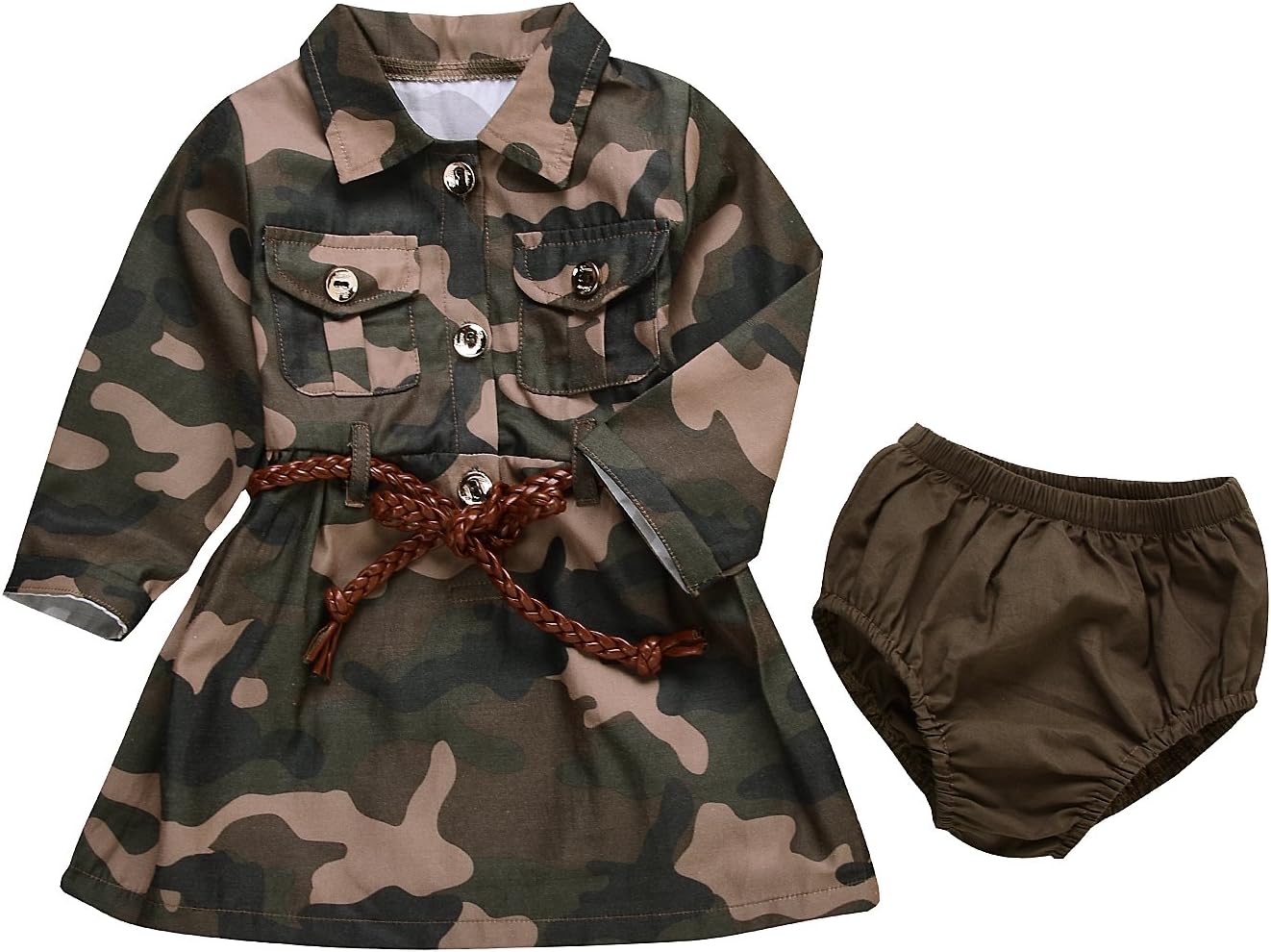IWOKA Baby Girl Camouflage Long Sleeve Bandage Skirts+Green Short Pants Outfit Casual Clothes