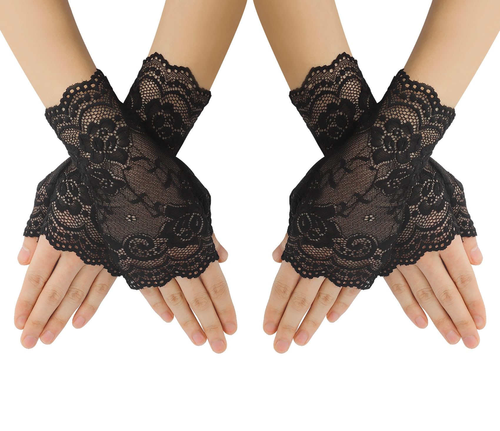 zavehony Black Gloves, Fingerless Gloves, Lace Gloves, Women Accessories, Black Fingerless Gloves for Wedding, Tea Party, Cosplay, Halloween, Costume, Opera Evening Prom, 2 Pairs