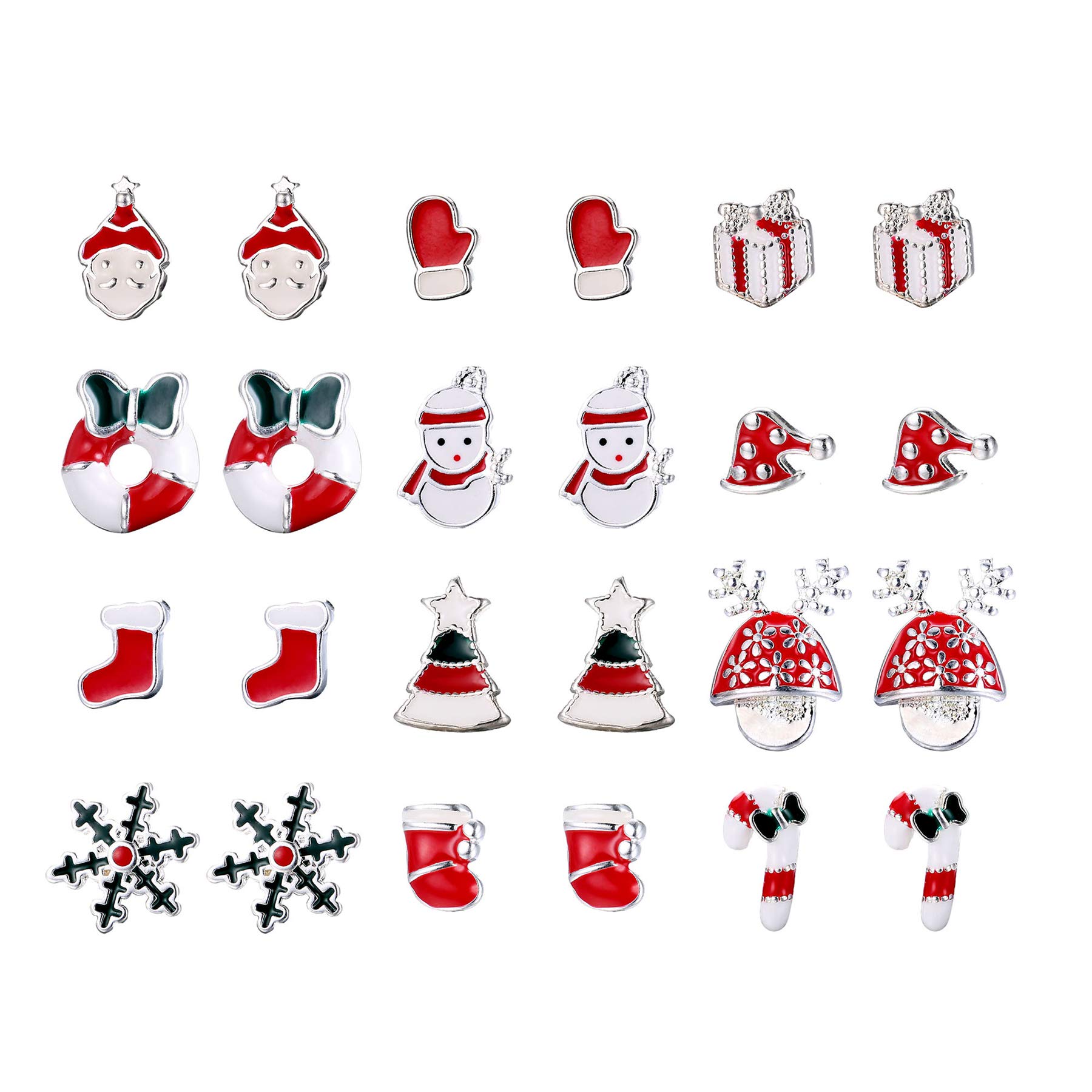 CASSIECA 12Pairs Stainless Steel Christmas Tiny Stud Earring for Women Girls Kids Earring Cute Festive Holiday Santa Snowflake Snowman Candy Cane Set Gift Piercing Ear