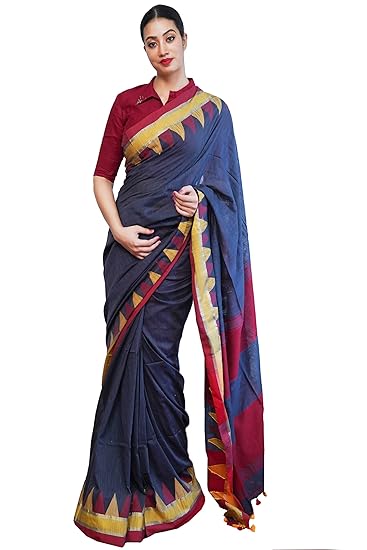 Linen Cotton Saree Pure and Soft Blue and Red Womenss Cotton Saree with Blouse Piece (Free Size)