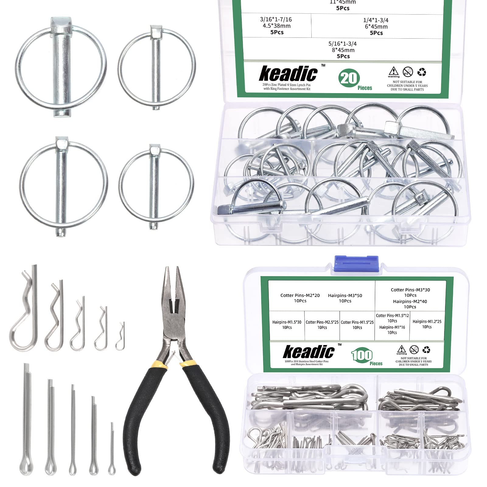 Keadic 121 Pcs Zinc Plated Shaft Locking Pin and 304 Stainless Steel Cotter Pin Assortment Set with Pliers, Round Loop Wire Lock Pin Hitch Pin R Clips for Boat Bike Farm Tractors Trailers Trucks Mower