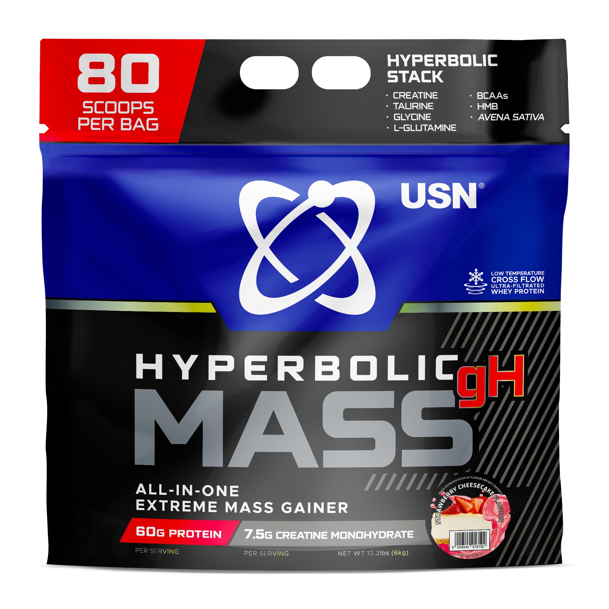 USN Hyperbolic Mass Strawberry Cheesecake 6kg: High Calorie Mass Gainer Protein Powder for Muscle Building and Weight Gain - Improved Formula & Flavour with 7.5g Creatine Monohydrate and Less Sugar