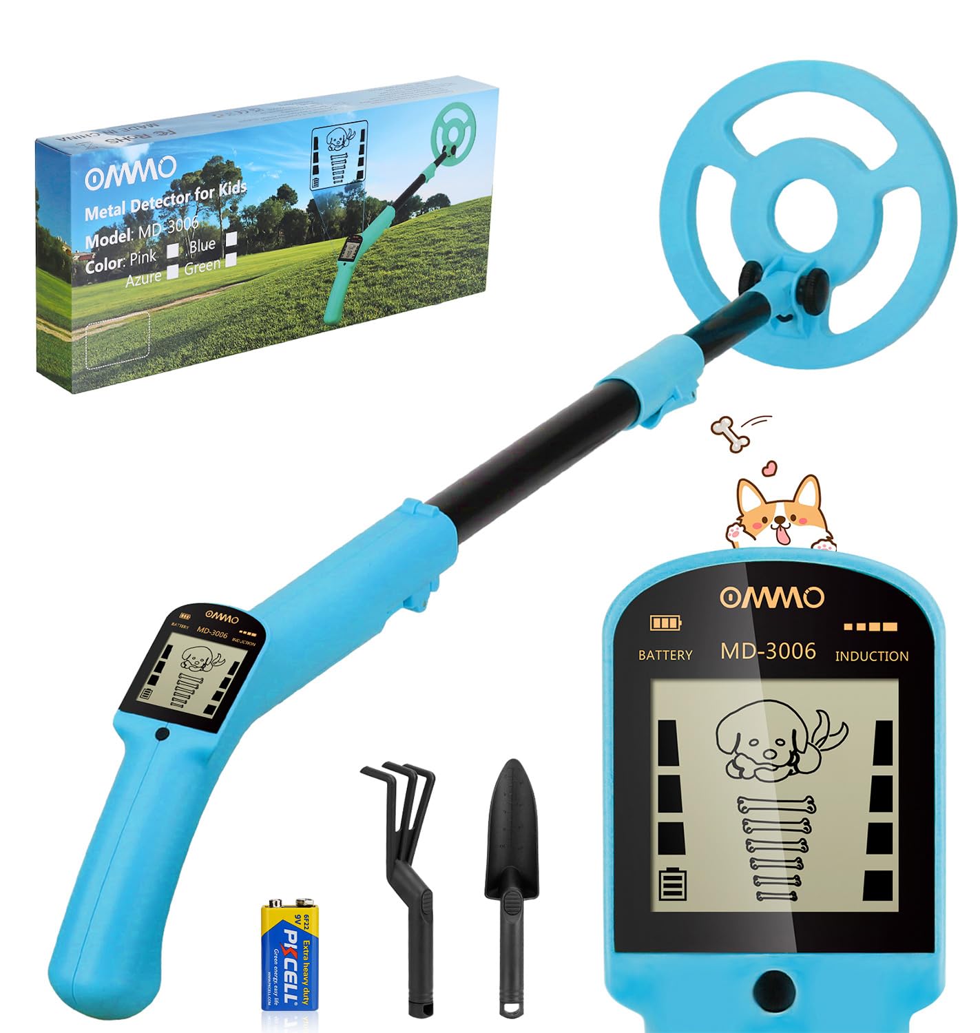 OMMO Metal Detector Kids, Adjustable Stem18.3''-37.8'' Metal Detectors with LCD Display, Lightweight Kids Metal Detector with 6'' Waterproof Search Coil, Beginners Gold Detector with Shovel and Rake