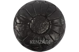 KENZADI Genuine Leather Pouf Stuffed Handmade Stitched in Marrakech by Moroccan Artisans (Dark Brown) (Black by Black)