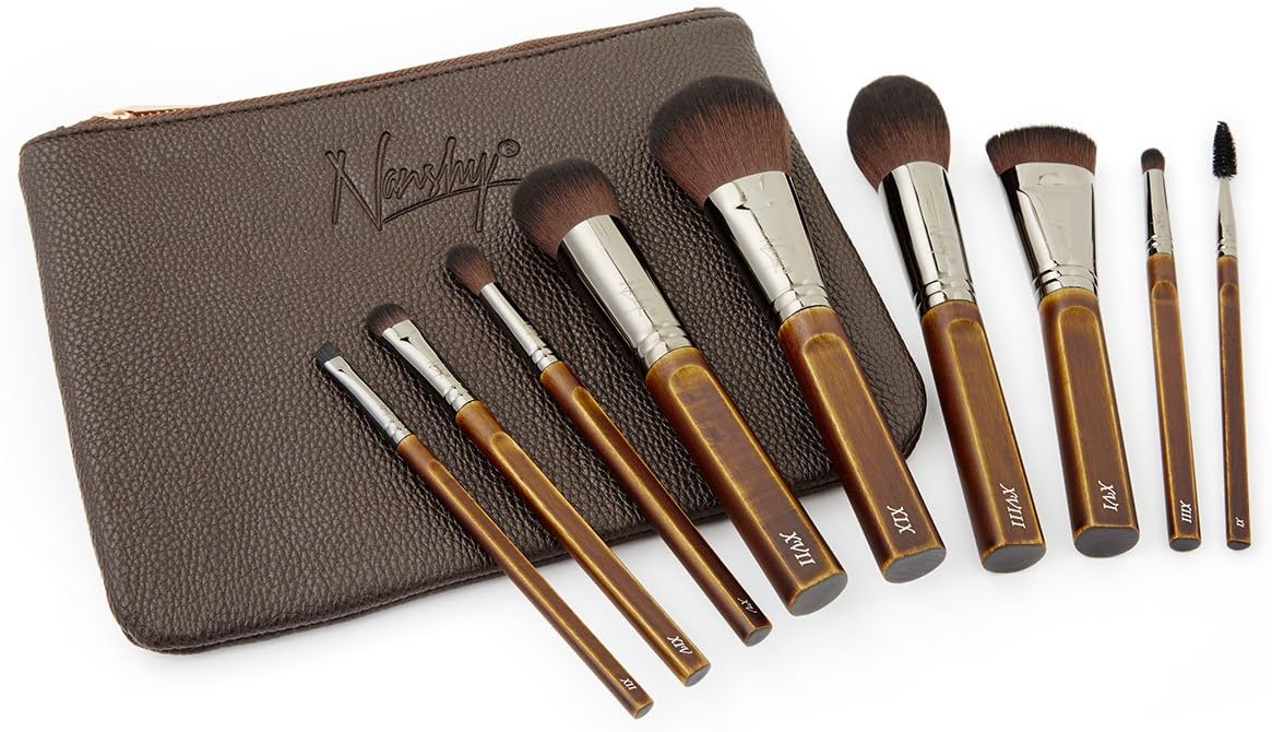 Nanshy Necessities Collection Makeup Brush Set with Bag High End Luxury Vintage Handmade Natural Beechwood Brushes 100% Cruelty-Free & Vegan