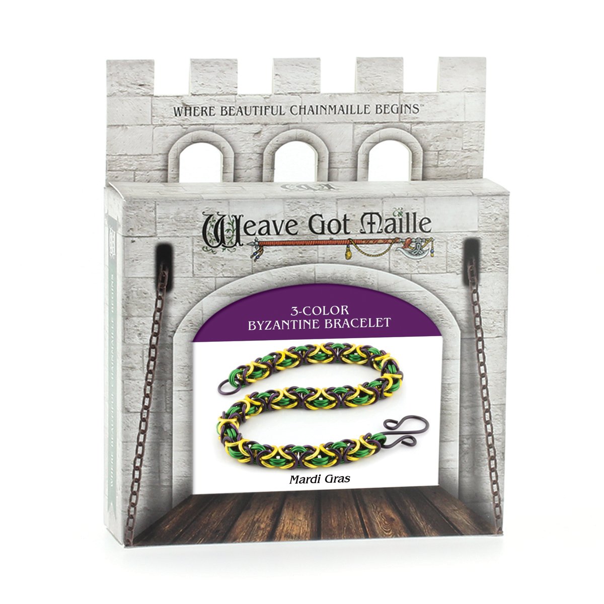 Weave Got Maille 3-Color Byzantine Chain Maille Bracelet Kit, Mardi Gras, Purple/Green/Yellow
