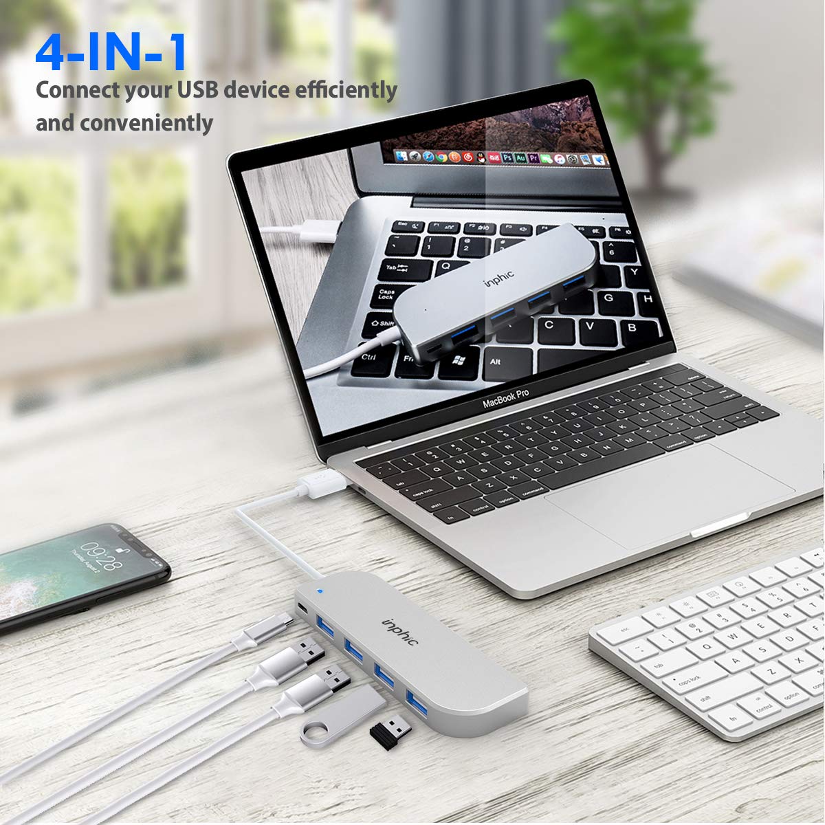 Inphic High-Speed Portable 4 Ports USB Hub 3.0 Aluminum with Micro-USB Powered Port