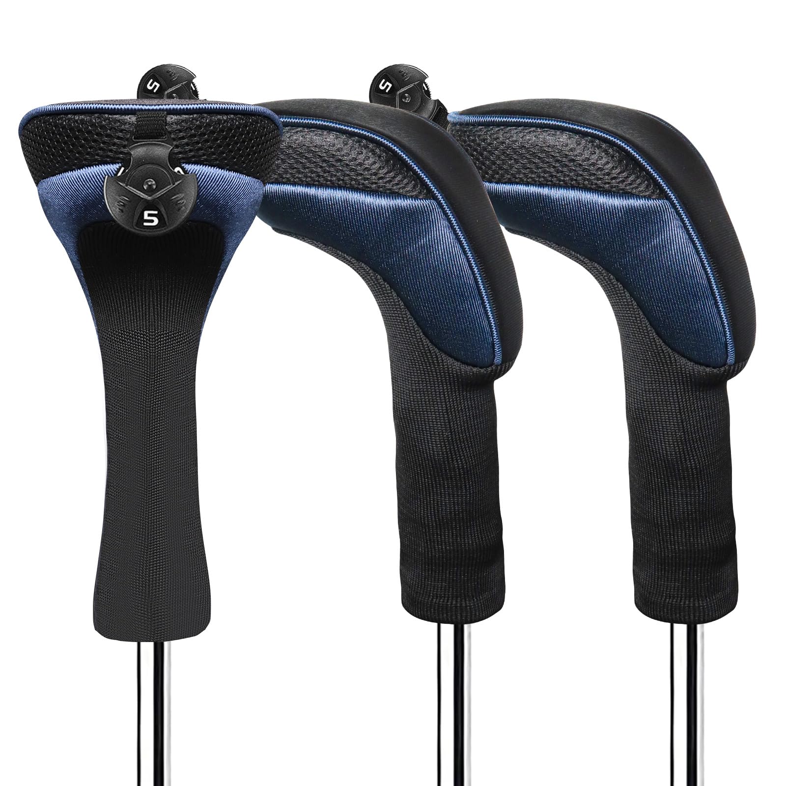 FINGER TEN Golf Club Head Covers Woods Hybrids Long Cover, Headcovers with Interchangeable No. Tags Fit All Hybrids Wood Clubs Light Durable (Navy-3 Pack Hybrid Covers)