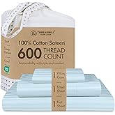 Threadmill 100% Cotton Sheets for Twin Size Bed - 600 Thread Count Twin Bed Sheets Set with 15” Deep Pocket - Damask Stripe Sateen Weave 3-Piece Bedding Set with Cooling Effect, Blue