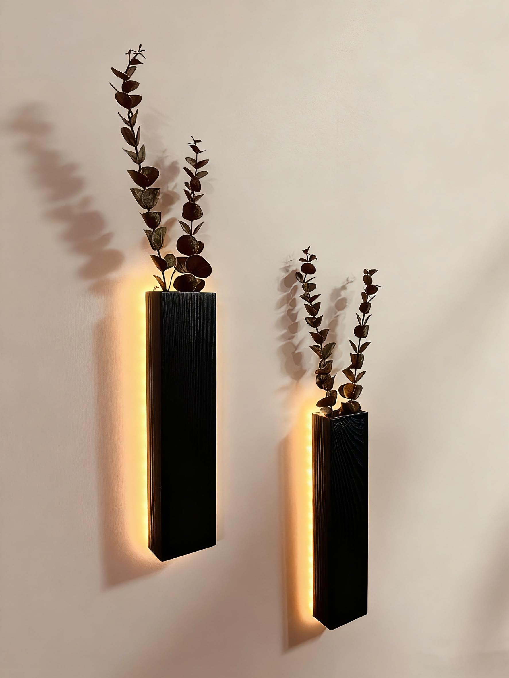 Photo 1 of MVOVM Artificial Eucalyptus with LED Lights Wall Planters Rustic Wall Decor with Lights Fake Vines for Home Decor Bedroom Living Room Bathroom Hanging Vase for Dried Flowers Faux Plants (Black)