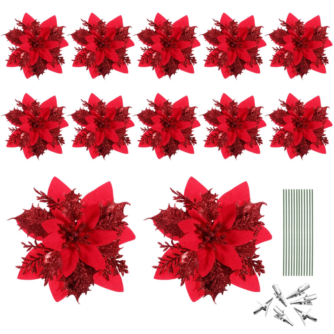 STOBOK 12Pcs Christmas Glitter Poinsettia Artificial Flowers, Christmas Wreath Tree Flowers Ornaments with Clips and Stems for Xmas Wedding Party Wreath (Red)