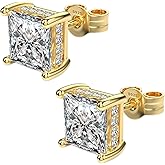 TATCAI 18K White Gold Plated Sterling Silver Princess Cut Square Cubic Zirconia Stud Earrings for Women Men Clear CZ Diamond Stud Earrings