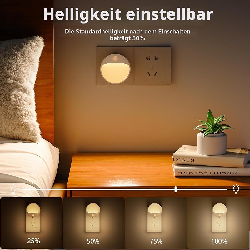 Nachtlicht Steckdose 2 Stück Dimmbar mit Bewegungsmelder WarmWeiß