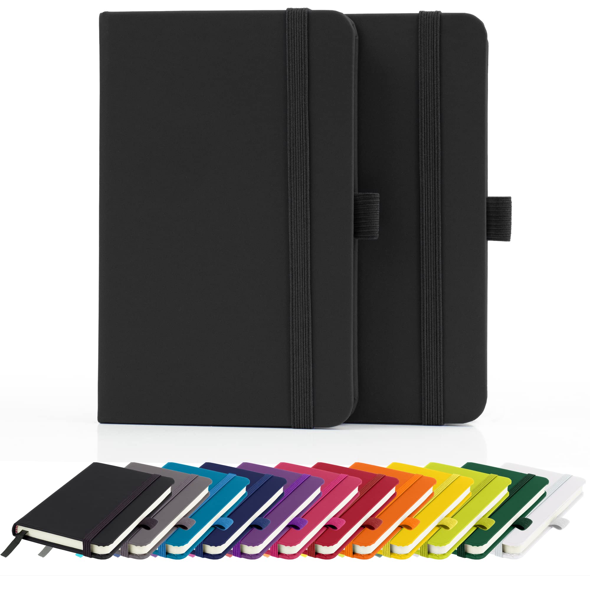 Savvy Bee 2 x Notebooks, Double Pack A6 Notebook New Lined Pocket Hardback Small Journal with pen loop, elastic closure and ribbon marker 196 pages / 98 sheets Notepad Notes Pad (Black)