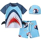 YAGATA Toddler Boy Swimsuit 3 Piece Boys Swim Set Short Sleeve Boys Swim Shirt Boys Swim Trunks Rash Guard Bathing Suits