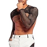 WDIRARA Men's Fishnet Sheer Mesh Long Sleeve T-Shirt Crop Top Slim Fit Party Tee Tops