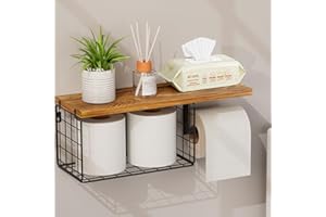 VITVITI Toilet Paper Holder with Shelf, Wall Mounted Toilet Paper Storage Basket, Wood Metal Toilet Roll and Wipes Holder for Bathroom Farmhouse (Brown)
