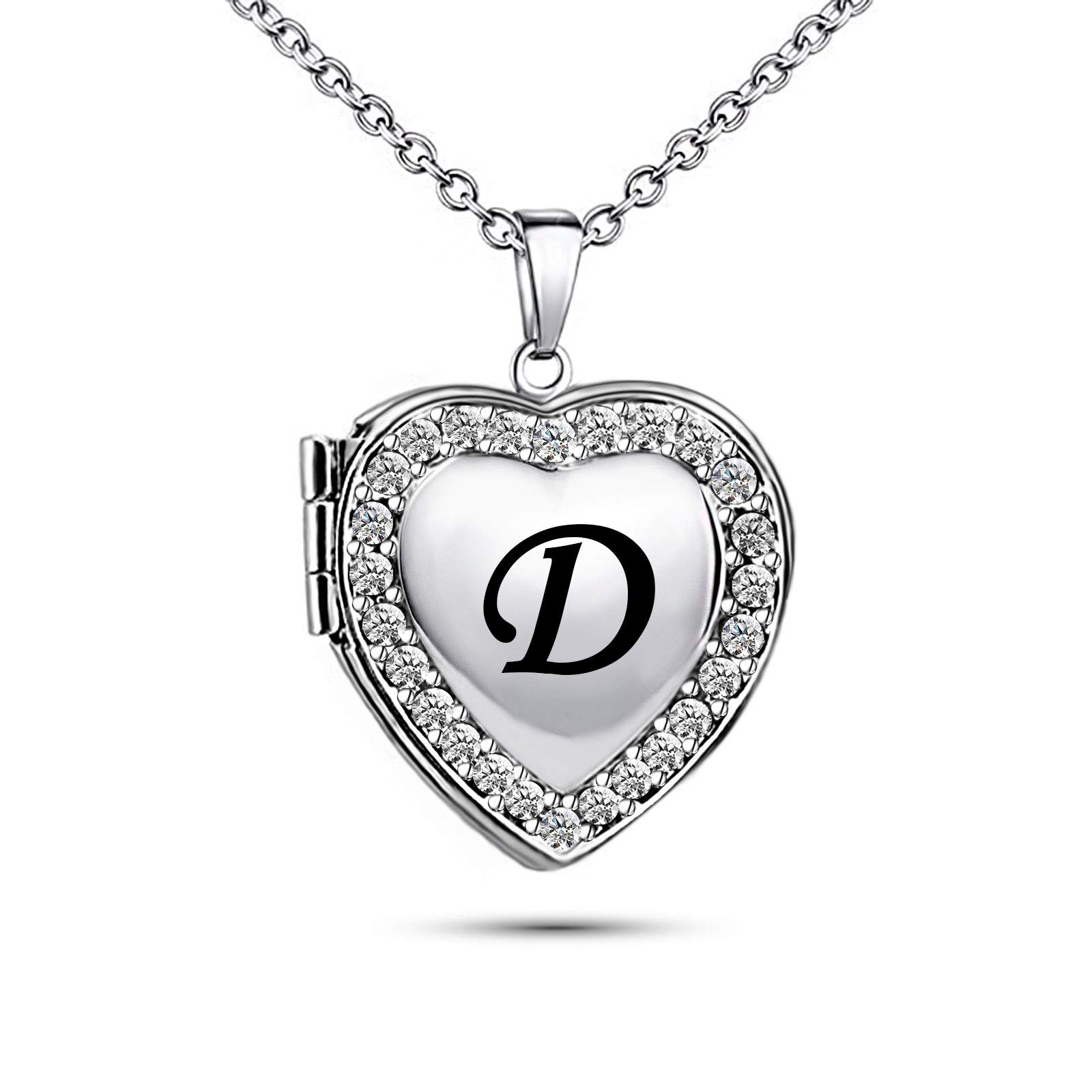 KunBead Jewelry Custom Vintage Picture Locket Necklace Letter D Initial Alphabet Love Heart Crystal Nan Chain Necklace