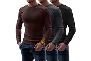 Riyiper 3 Pack Men's Ribbed Thermal Shirts Crew Neck Long Sleeve Tops Winter Stretchy Slim Basic Undershirt