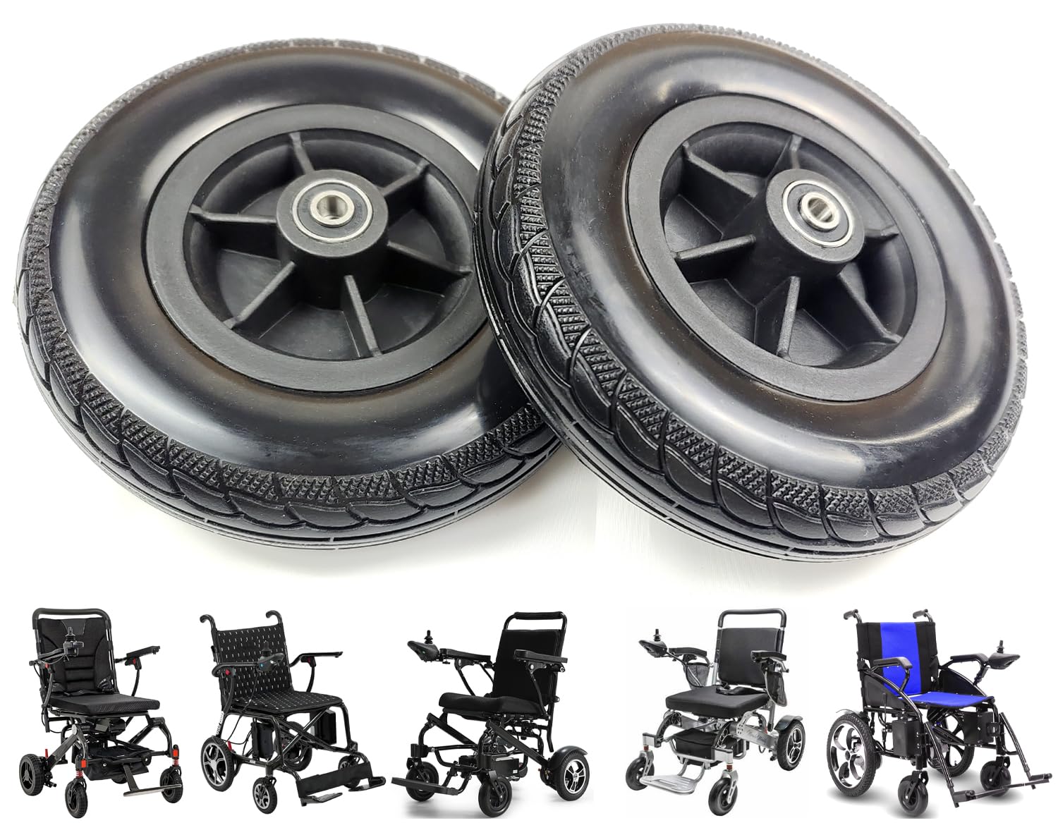 Photo 1 of 7 inch Wheelchair Wheels,7" Polyurethane Replacement Wheel Caster for Portable and Lightweight Electric Wheelchairs,5/16" (8 mm) Bearing,Shaft Height 57MM, Universal Replacement Parts(1Pr,Black)