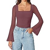 Avidlove Bodysuits for Women Long Bell Sleeve Mesh Square Neck Body Suits Going Out Tops Country Concert Outfits