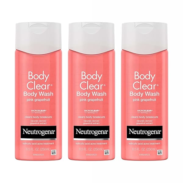 NEUTROGENA BODY CLEAR ACNE BODY WASH PINK GRAPEFRUIT – SALICYLIC ACID FORMULA FOR BREAKOUT TREATMENT, EXFOLIATING CLEANSER FOR CLEAR SKIN, 8.5 FL. OZ. BOTTLE, 3-PACK