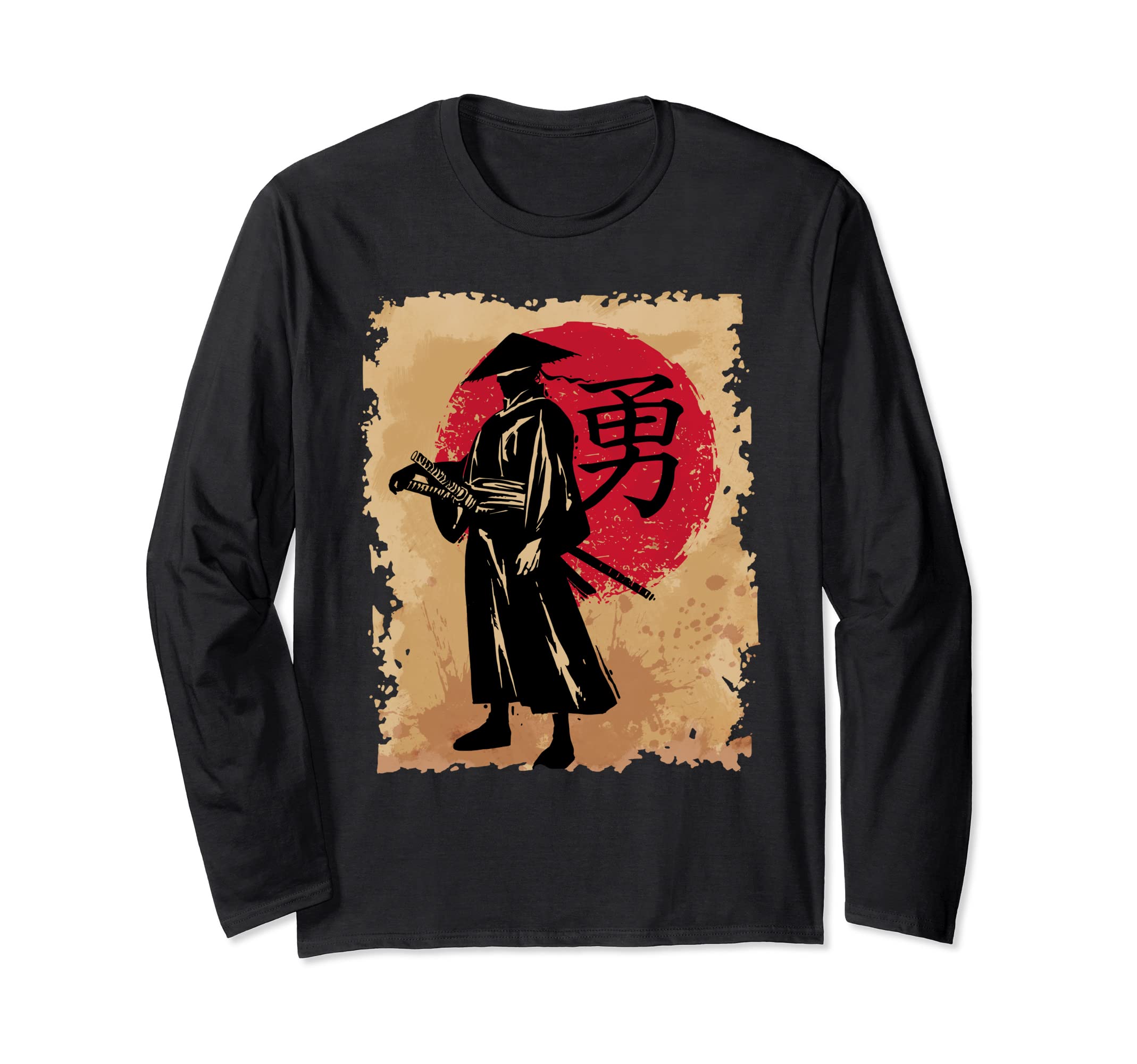 Japanese Samurai Papyrus Retro Sun Japan Calligraphy Warrior Long Sleeve T-Shirt