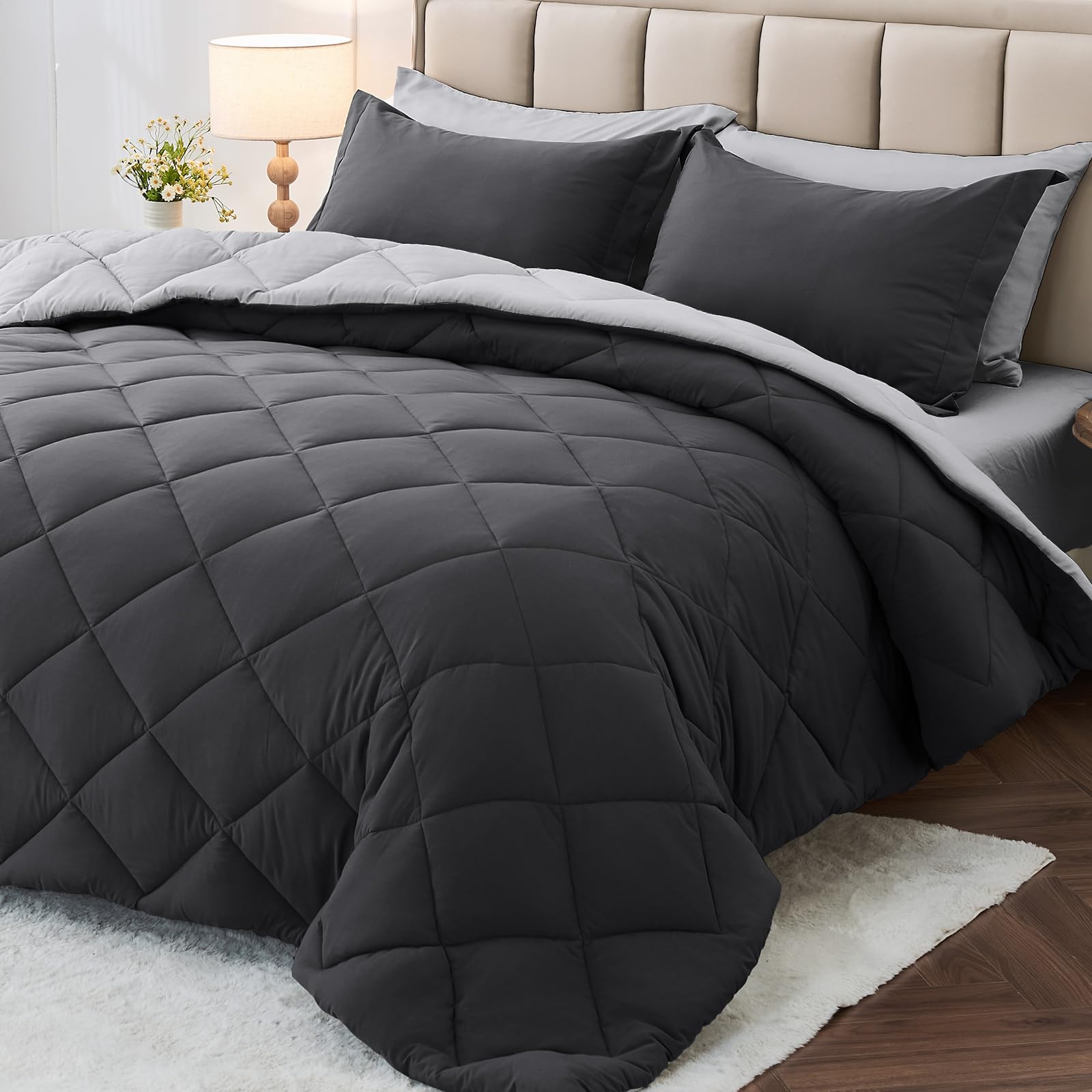 MUXHOMO 7 Pieces California King Comforter Set, Reversible Bed in a Bag Cal King Size, All Season Bedding Set with Comforter, Flat Sheet, Fitted Sheet, Pillowcases & Shams, Dark Grey & Light Grey Image