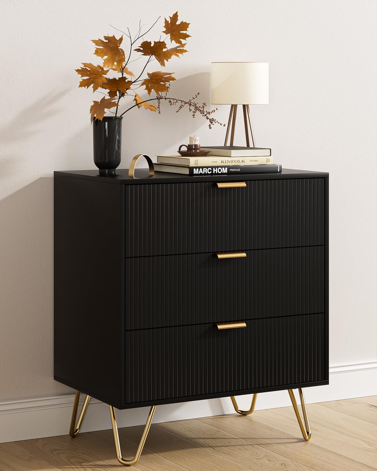 Photo 1 of AEPOALUA Black Dresser for Bedroom, Modern Fluted 3 Drawer Dresser with Storage, Dresser Chest of Drawers with Gold Handles for Bedroom, Living Room, Closet, Hallway, 15.8" D x 23.6" W x 27.6" H