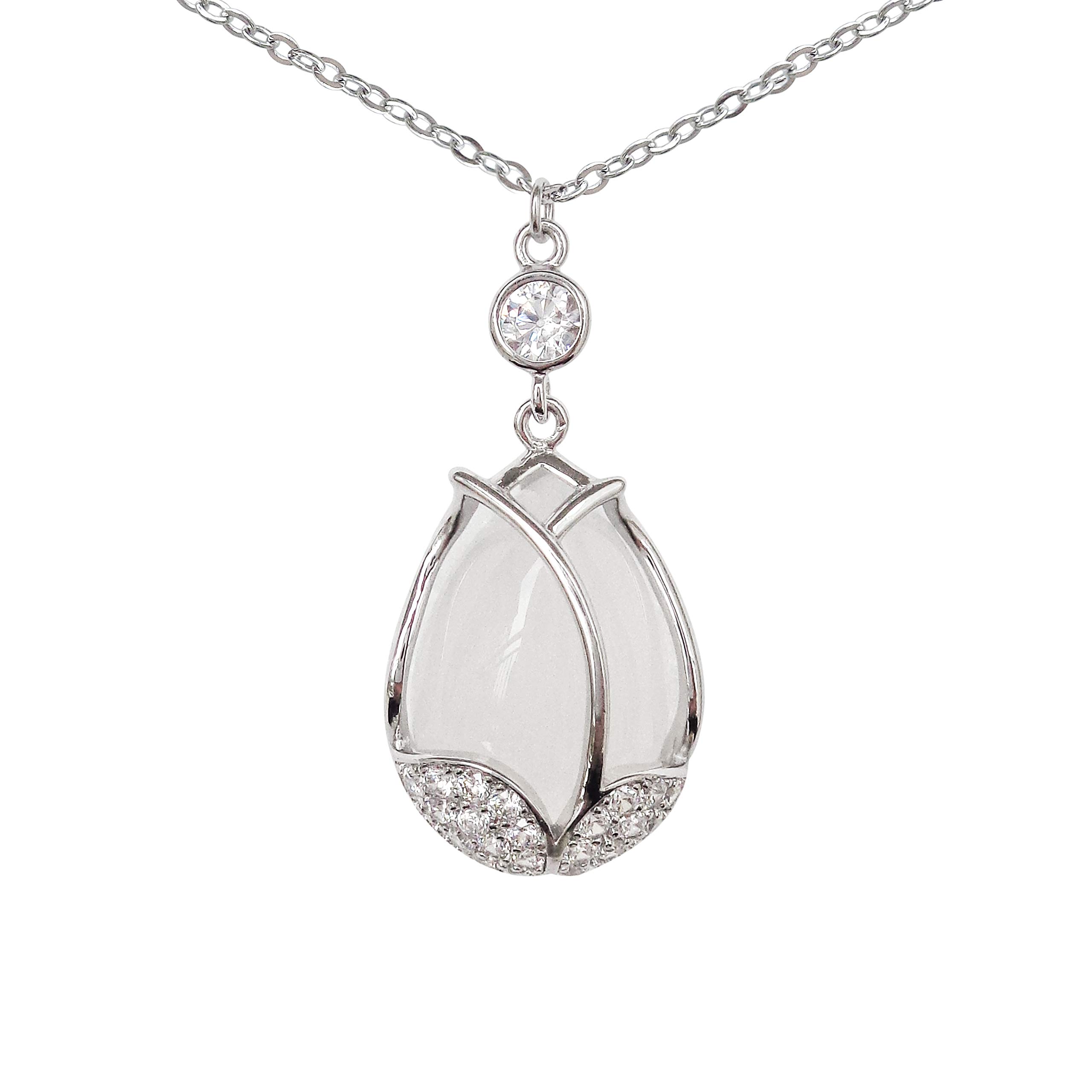 Hiqmic 925 Sterling Silver Flower Bud Opal Pendant Necklace White Gold Plated Jewelry Gifts for Women 16"_WA99109-Silver