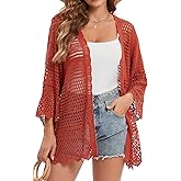 WESURE Crochet Cardigan for Women 3/4 Sleeve Open Front Lightweight Lace Boho Cover Up