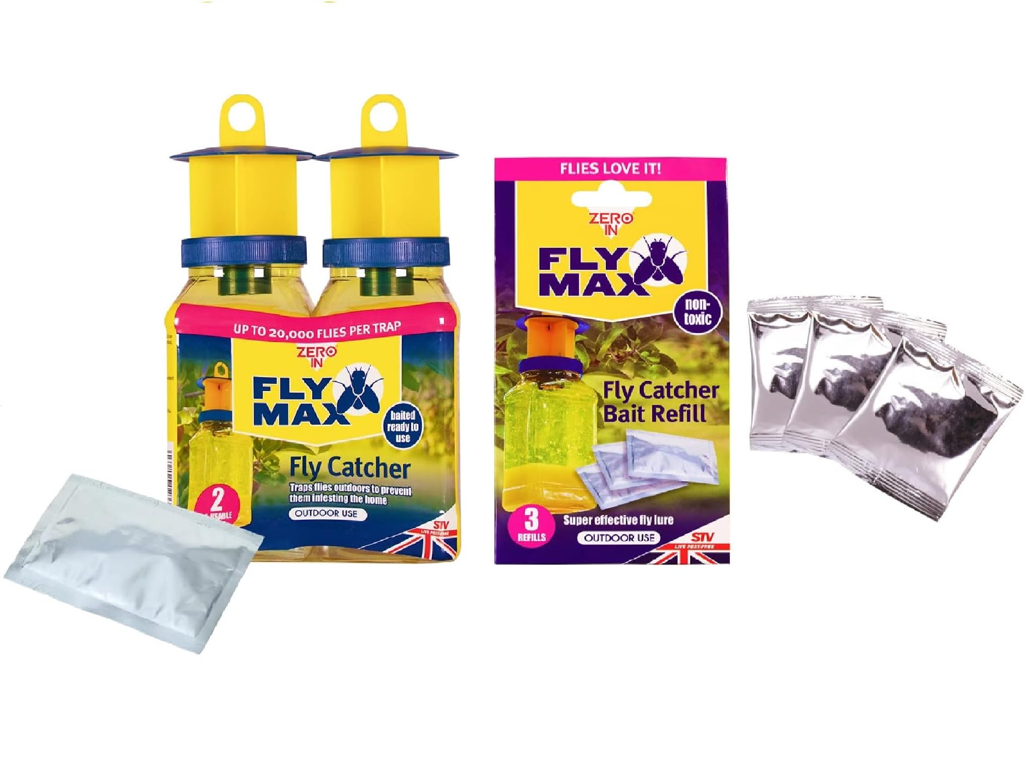 Zero In Fly Max Re-Usable Fly Catcher, Twin-pack STV336 with Bait Refill Sachet 3-Pack STV337, Effective Flytrap, Refillable Insect Attractant for Outdoor Use, Just Add Water, Covers up to 10 m Radius