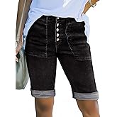 Sidefeel Womens Jean Shorts High Waisted Stretchy Button Fly Folded Hem Trendy Casual Summer Bermuda Shorts