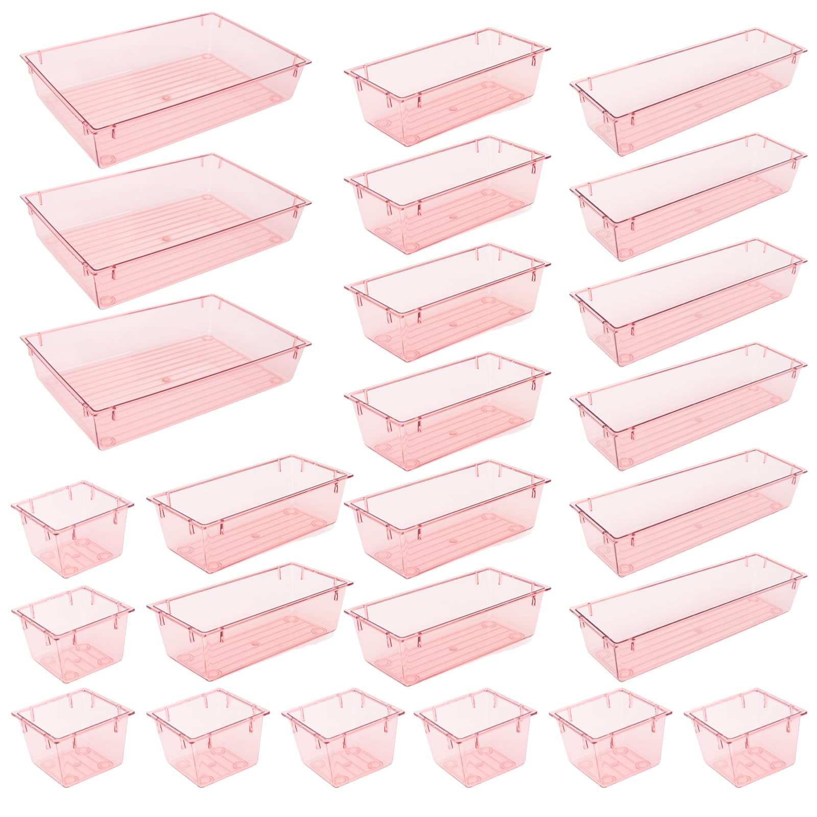 Photo 1 of 25 Pack Desk Drawer Organizer Set,Vanity and Desk Drawer Storage Bins,Clear Plastic Drawer Organizer Trays for Makeup,Office,Bathroom and Kitchen(pink)