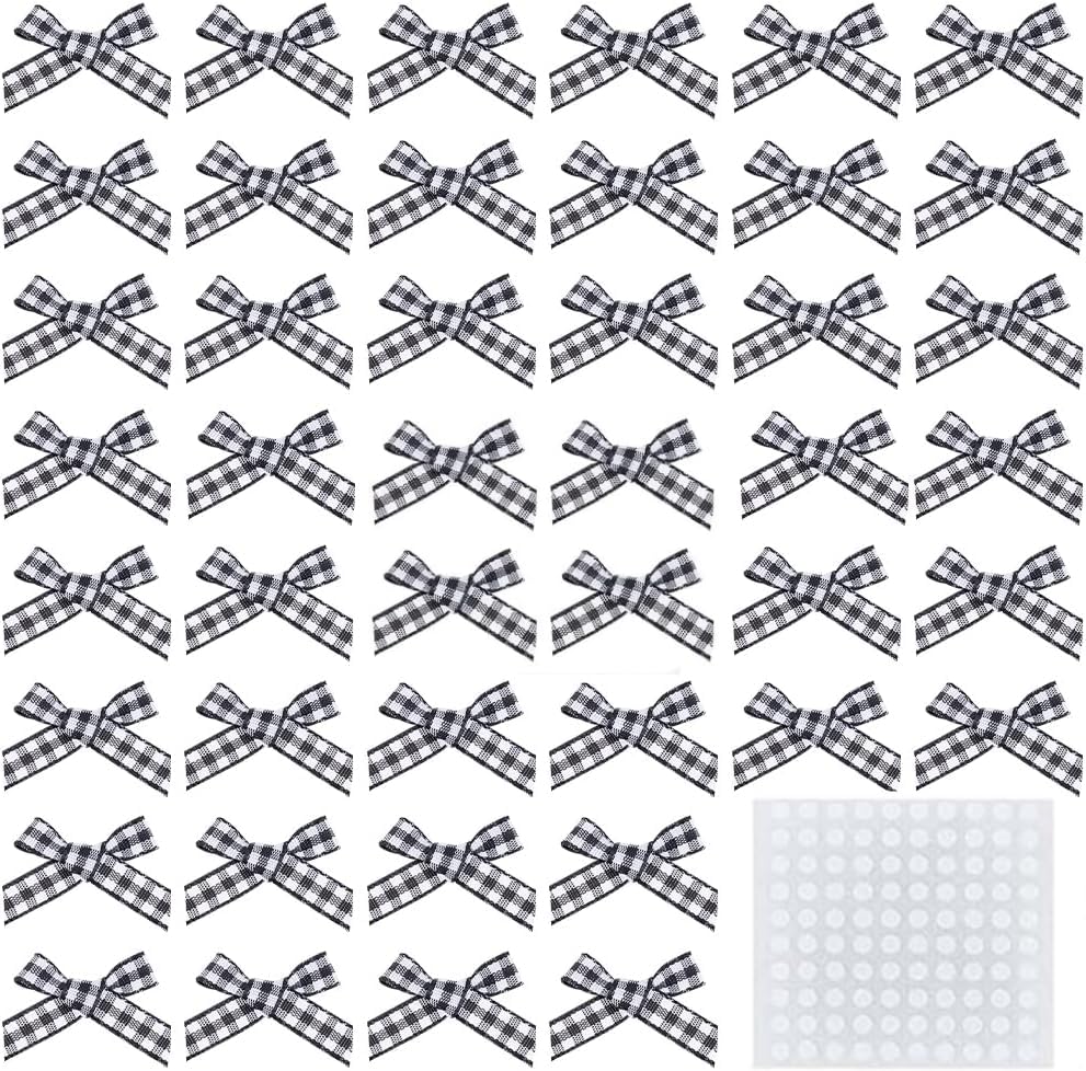 FINGERINSPIRE 140 Pcs Mini Gingham Ribbon Bows with 200 pcs Stickers(Black White) Checkered Ribbon Bows for DIY Craft Bow Ties Appliques for Sewing, Gift Wrapping, Scrapbooking and Hair Decoration