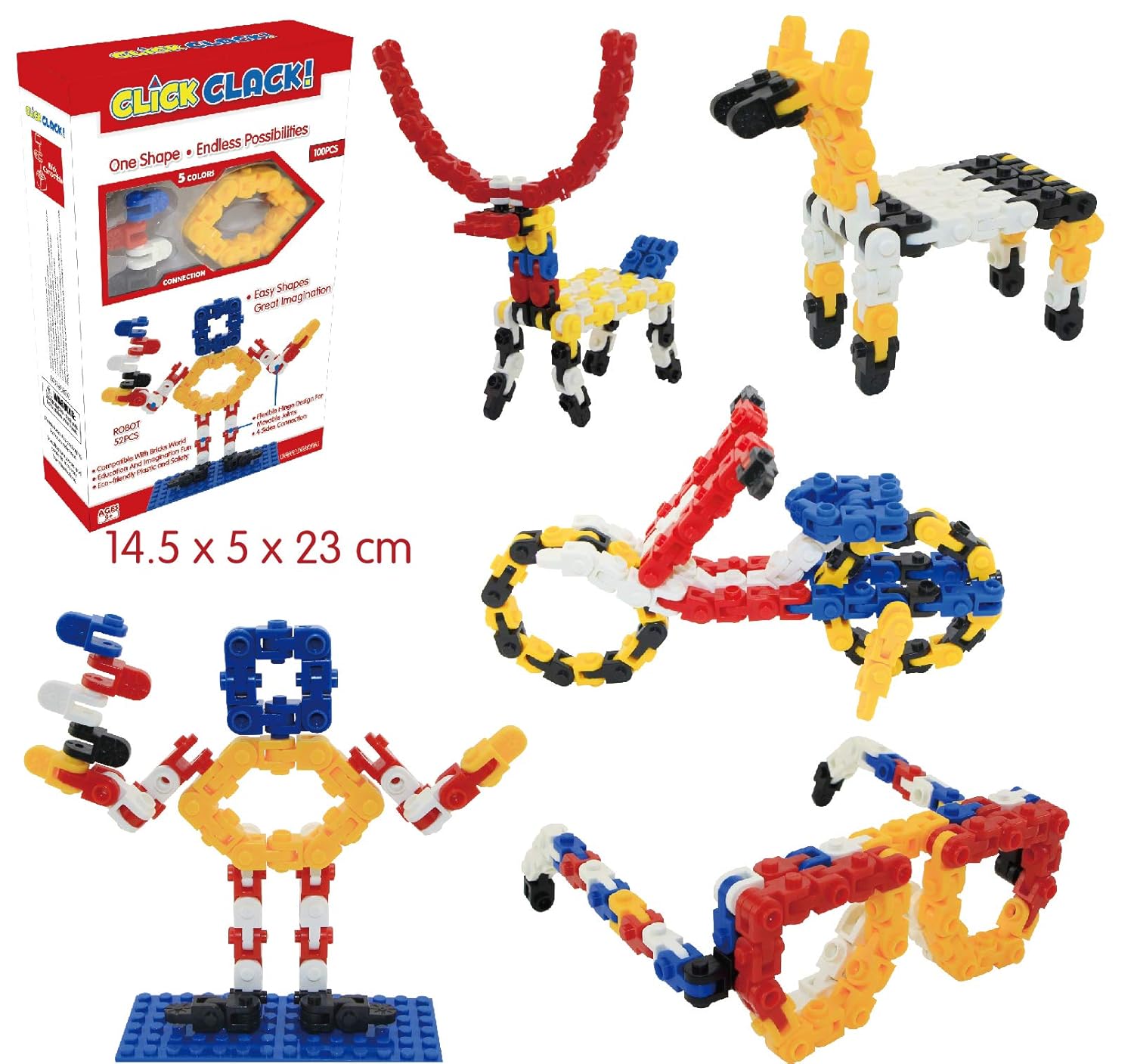 CLICK CLACK! Building Bricks Building Blocks Construction 100PCS 5 Colors Imaginative Basic Set Stem Toy for Kids Boys and Girls