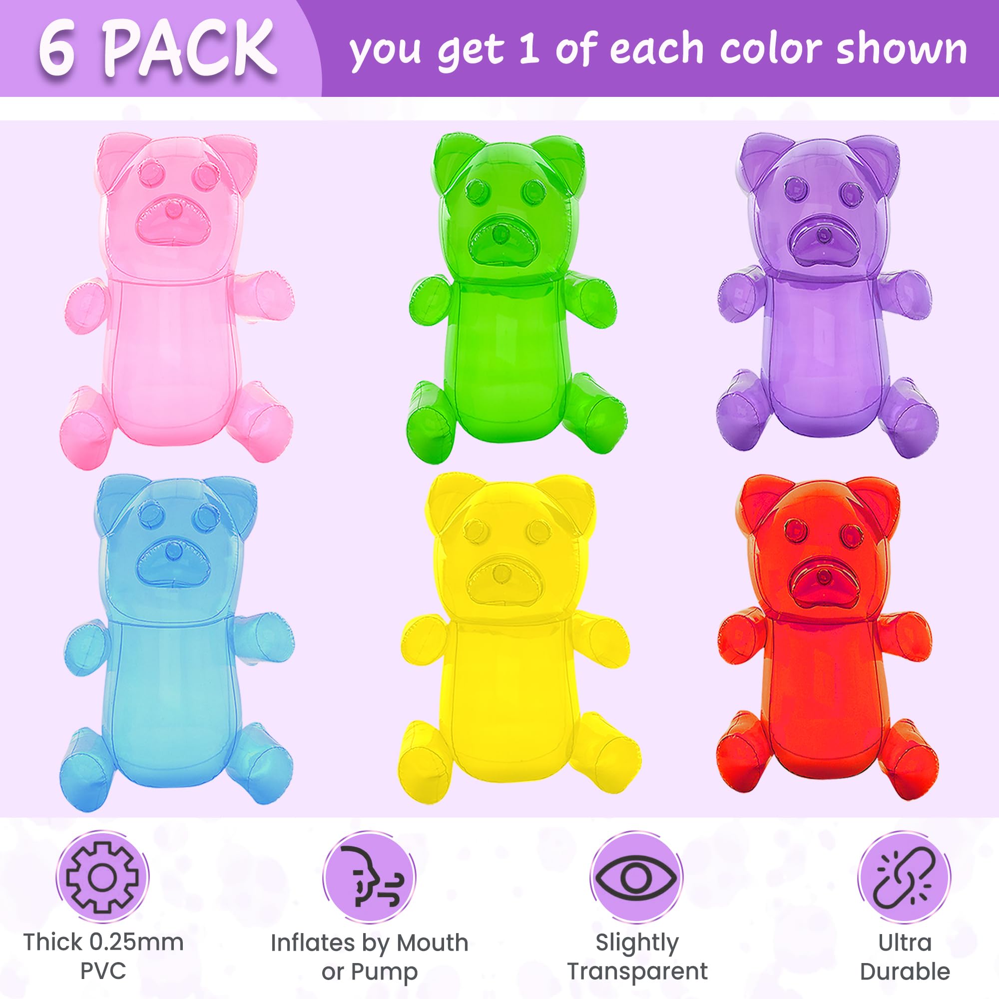 Candyland Party Decorations - 24-Inch Tall Inflatable Gummy Bears - 6 Pack - Vibrant Colors for Candy Themed Parties