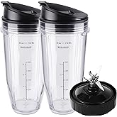 Ninja Blender Cups Replacement Parts 5-Piece Set: 2 x 24oz Cups with Lids & 7-Fins Blade, Fits Nutri Ninja BN401 BN751 BN801 