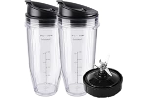 PODCAY Ninja Blender Cups Replacement Parts 5-Piece Set: 2 x 24oz Cups with Lids & 7-Fins Blade, Fits Nutri Ninja BN401 BN751 BN801 BL450 BL480 BL640 NN100